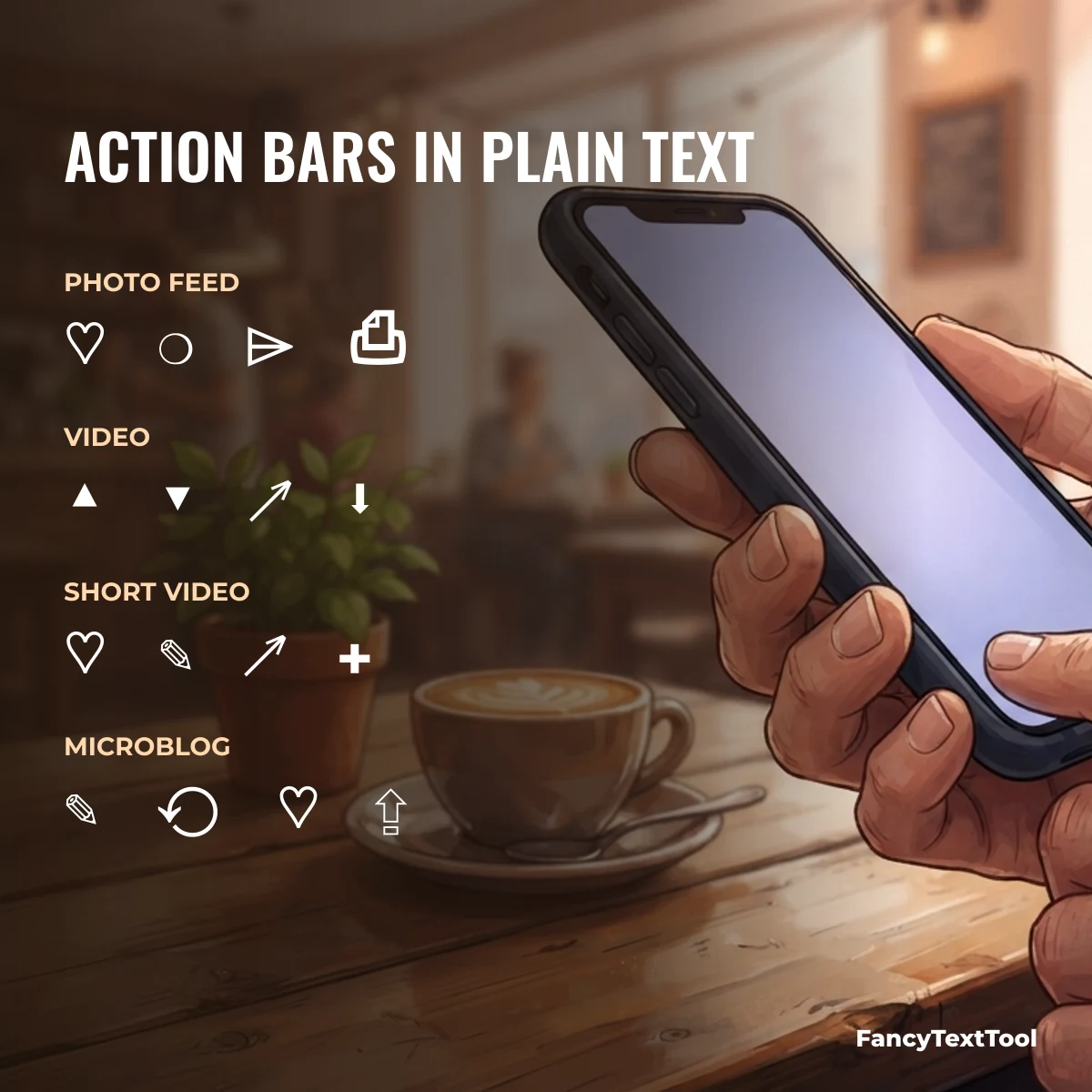 Like comment share text for each kind of app: photo feed ♡ ❍ ⌲ ⎙, video ▲ ▼ ↗ ⬇, short video, microblog