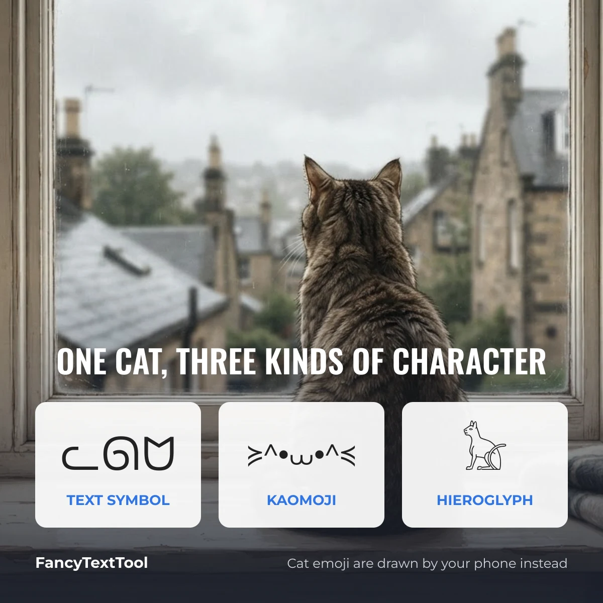 Three kinds of cat character: text symbol ᓚᘏᗢ, kaomoji ≽^•⩊•^≼ and the Egyptian hieroglyph 𓃠