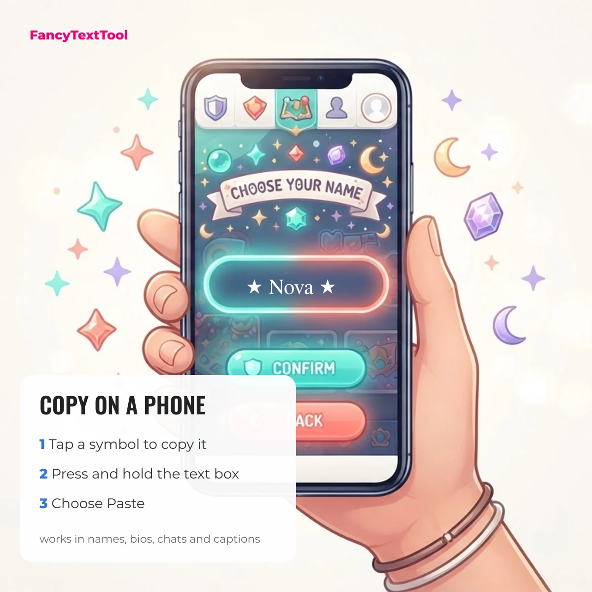 How to copy and paste symbols on a phone: tap a symbol, hold the text box, choose Paste