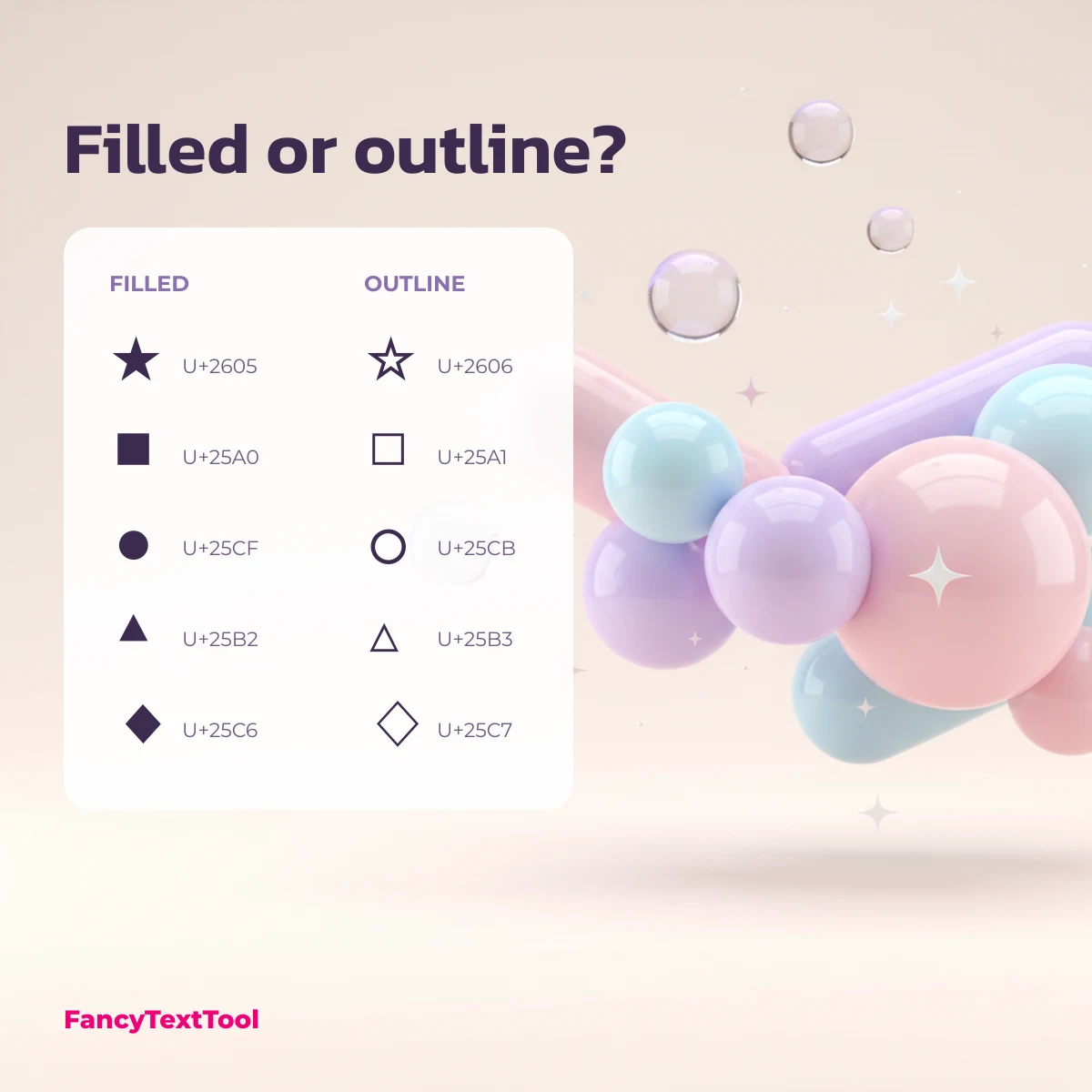 Filled versus outline shape symbols with code points: ★ ☆, ■ □, ● ○, ▲ △, ◆ ◇