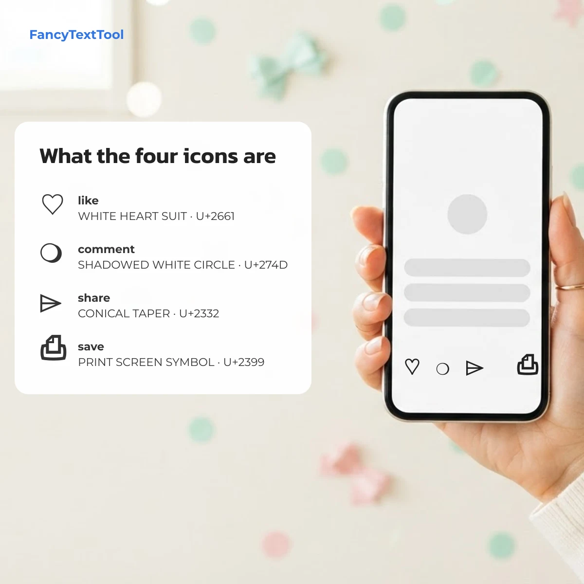 Like comment share text icons explained: ♡ U+2661, ❍ U+274D, ⌲ U+2332, ⎙ U+2399