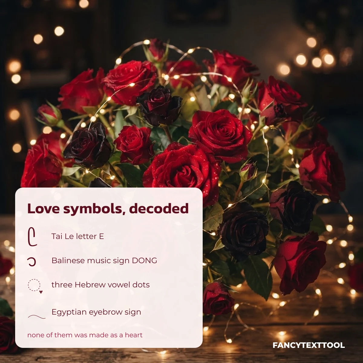Love symbols decoded: ᥫ Tai Le letter, ᭡ Balinese music sign, Hebrew vowel dots and the 𓂃 Egyptian eyebrow sign