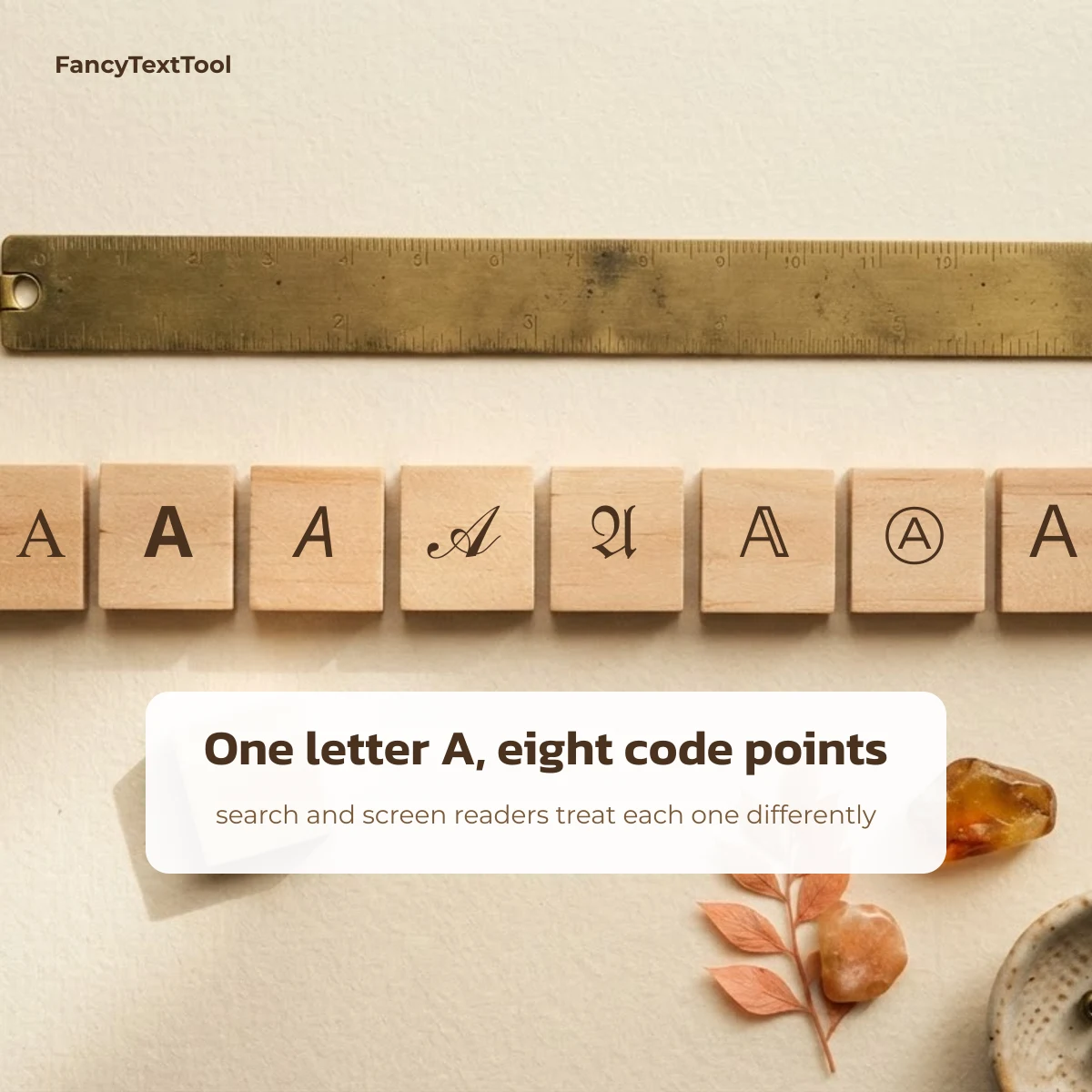 Fancy text letters: one letter A as eight different Unicode code points on wooden blocks
