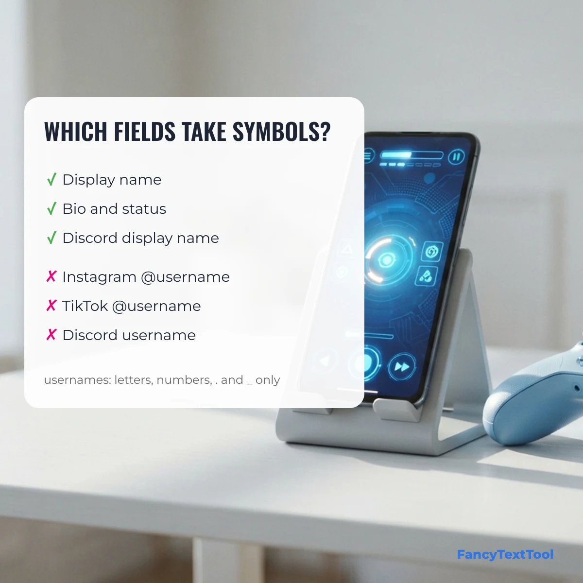 Which fields accept nickname symbols: display names and bios do, Instagram, TikTok and Discord usernames do not